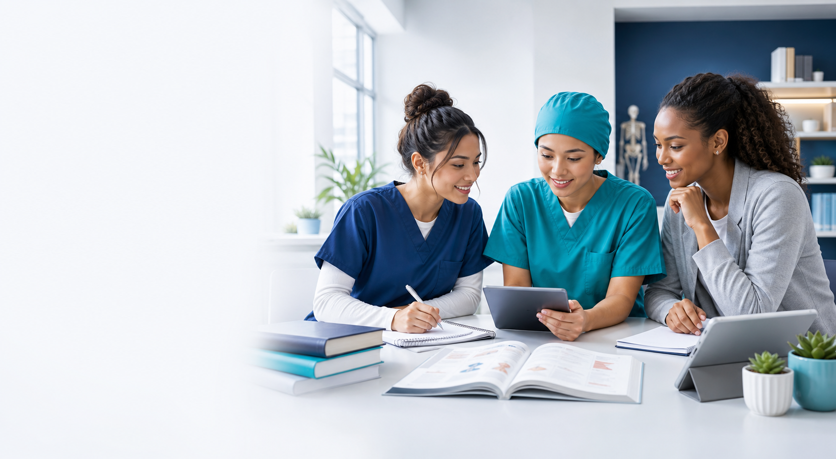 Healthcare students and a mentor studying together